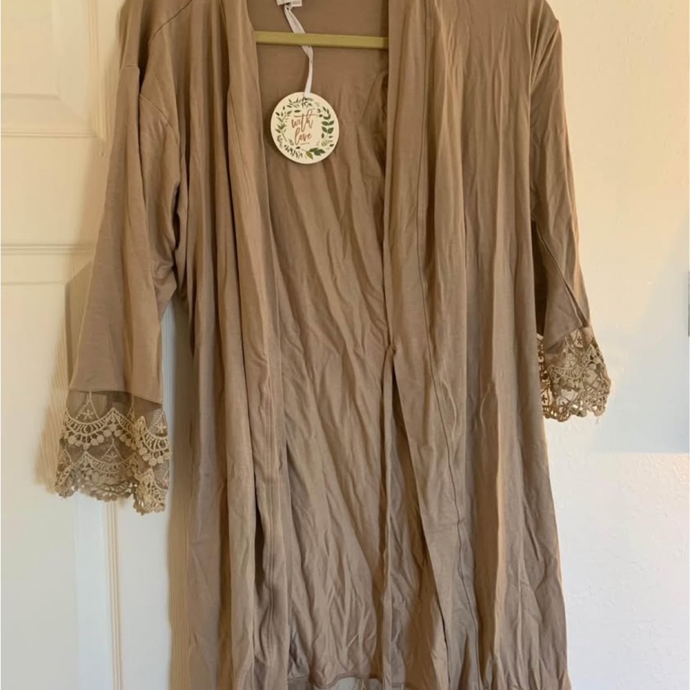 Elegant Tan Lace Trim Robe